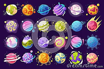 Vector set of cartoon planets. Colorful set of isolated objects. Space background. Fantasy planets. Colorful universe. Game design Vector Illustration