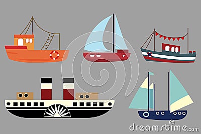 Vector set of cartoon ships. A collection of old steamers. Sailing ships. Toy. Stylized boats. Art for children. Vector Illustration