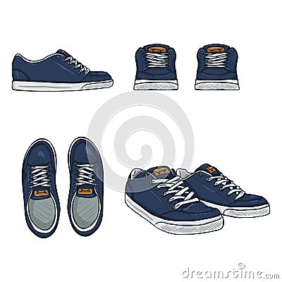 Vector Set of Cartoon Skaters Shoes. Top, Side and Front Views Vector Illustration