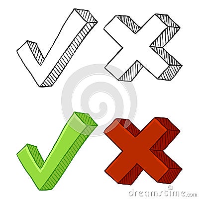 Vector Set of Cartoon and Sketch Yes and No Signs Vector Illustration