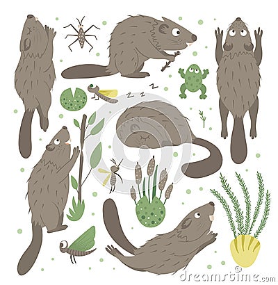 Vector set of cartoon style flat funny beaver in different poses with frog, reeds, water insects clip art. Cute illustration of Vector Illustration