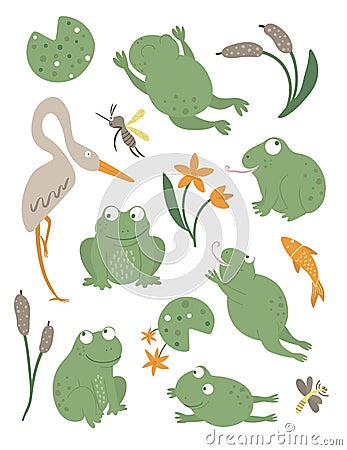 Vector set of cartoon style flat funny frogs in different poses with waterlily, dragonfly Vector Illustration