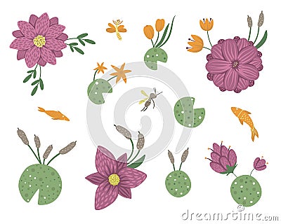 Vector set of cartoon style flat funny waterlily, dragonfly, mosquito, reed, clip art. Cute illustration with woodland swamp theme Vector Illustration