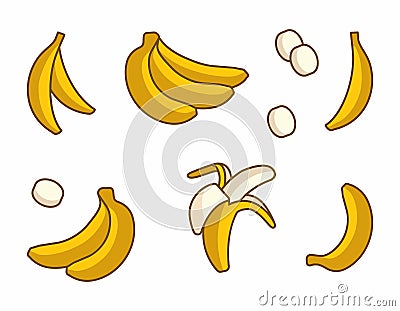 Vector Set of Cartoon Yellow Bananas on white background Vector Illustration