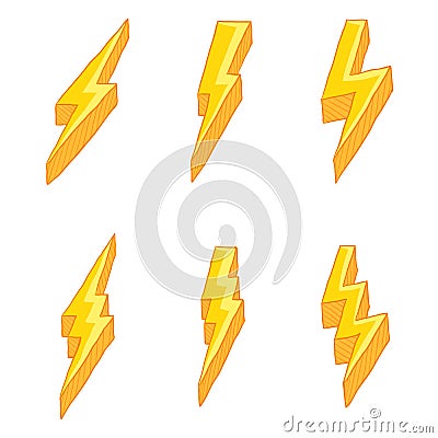 Vector Set of Cartoon Yellow Thunder Lighting Symbol Vector Illustration