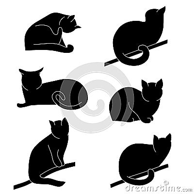 Vector set of cat silhouettes. Different postures: sitting, lying, resting, playing, hunting. Vector Illustration