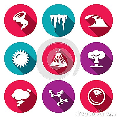 Vector Set of Cataclysm Icons. Tornado, Frost, Tsunami, Drought, Eruption, War, Weather, Virus, Earthquake. Vector Illustration