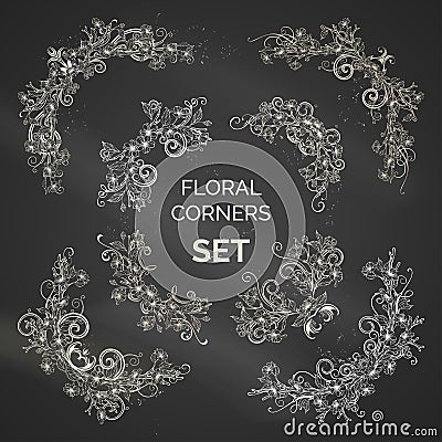 Vector set of chalk ornate floral corners. Vector Illustration