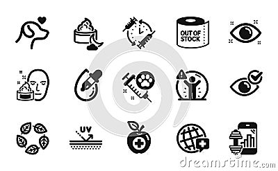 Vector set of Check eye, Organic tested and World medicine icons simple set. Vector Vector Illustration