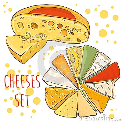 Vector set with cheeses. Cheese collection. Vector Illustration