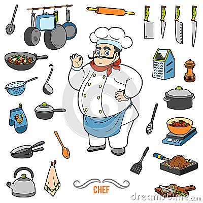 Vector set with chef and objects for cooking. Cartoon sticker se Vector Illustration