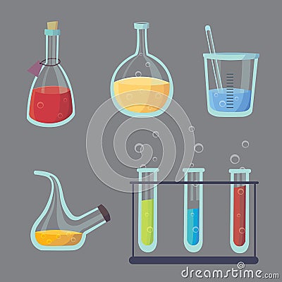 Vector set - chemical test. Flat design chemistry laboratory experiment equipment Vector Illustration