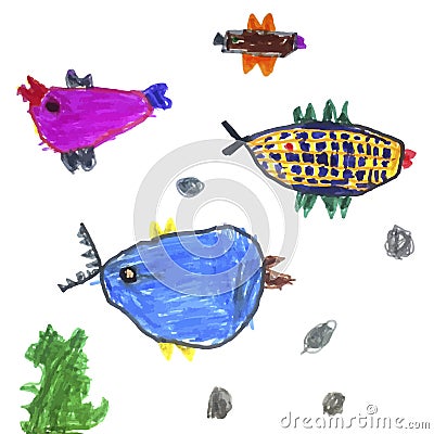 Vector set of children`s drawings - fish and seaweed. Doodle style. Ideal for childs decoration Vector Illustration