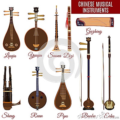 Vector set of chinese musical instruments, flat style. Vector Illustration