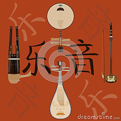 Vector set of chinese musical instruments and music hieroglyphics background Vector Illustration