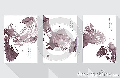 Vector set of chinese template with watercolor texture background. Brush stroke painting elements with Japanese wave pattern illus Vector Illustration