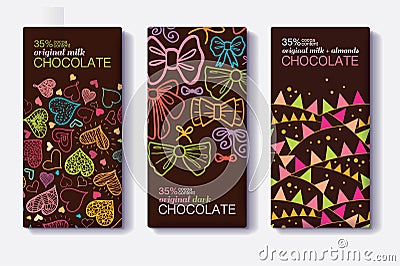 Vector Set Of Chocolate Bar Package Designs With Fun Party Decor Hearts, Bows, Flags Patterns. Milk, Dark, Almond Vector Illustration