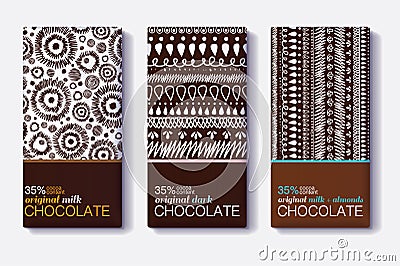 Vector Set Of Chocolate Bar Package Designs With Modern Brown Tribal Ikat Patterns. Border frame. Editable Packaging Vector Illustration