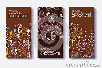 Vector Set Of Chocolate Bar Package Designs With Modern Floral and Butterfly Borders. Milk, Dark, Almond. Editable Vector Illustration