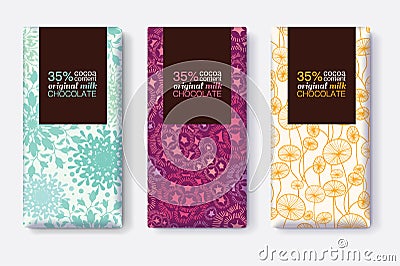 Vector Set Of Chocolate Bar Package Designs With Modern Pastel Floral Patterns. Rectangle frame. Editable Packaging Vector Illustration
