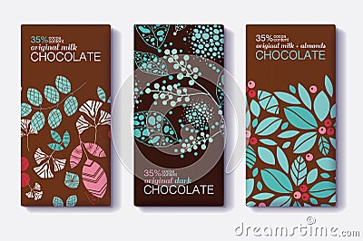Vector Set Of Chocolate Bar Package Designs With Modern Plants and Leaves Patterns. Milk, Dark, Almond. Editable Vector Illustration