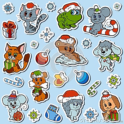 Vector set of Christmas cute animals, color cartoon stickers Vector Illustration