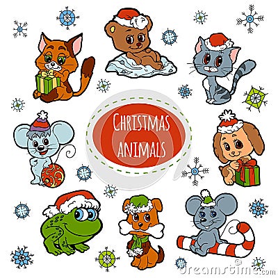 Vector set of Christmas cute animals, color stickers Vector Illustration