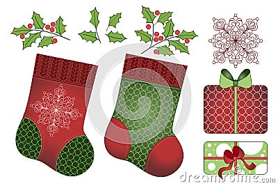 Vector set of Christmas elements for design. Quilting socks, gifts and branches Vector Illustration