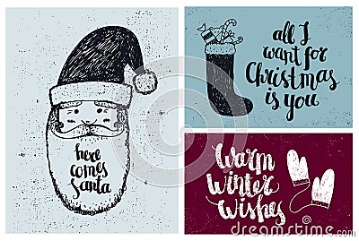 Vector set of Christmas, New Year hand drawn cards with lettering. Vector Illustration