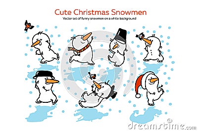 Vector set of Christmas snowmen isolated on a white background. A set of cute playful snowmen on skates Vector Illustration