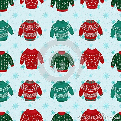 Vector set of Christmas sweaters with ornaments and festive decorations. Collection of knitted winter jumpers. Vector Illustration