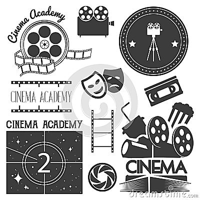 Vector set of cinema logo, labels. Movie studio and theater badges, emblems, signs. Illustration in vintage retro style. Vector Illustration