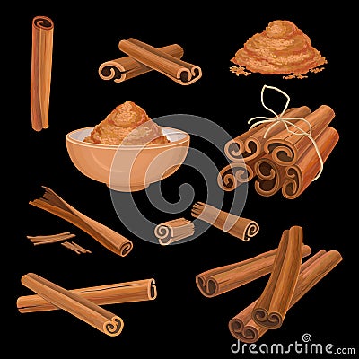 Vector set of cinnamon sticks and powder. Aromatic condiment. Spicy seasoning for dishes, sweets and drinks. Culinary Vector Illustration
