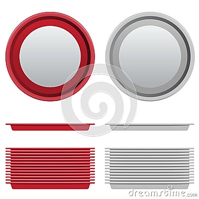 Vector Set of circle Red and White Plastic Tray salver with Top and side View. Vector. Vector Illustration