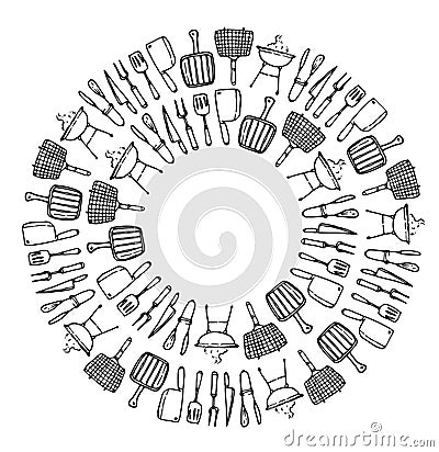 A vector set of circular templates from grilling tools with an empty space inside for text. isolated round patterns of knives and Vector Illustration