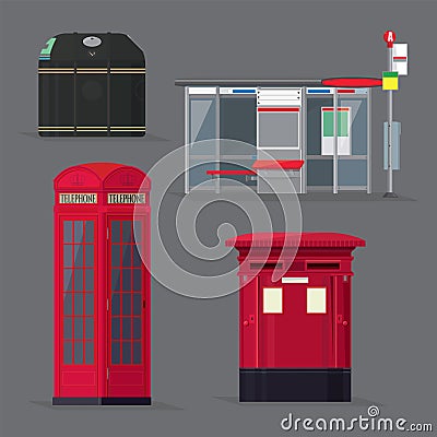 Vector set of city public facilities on the streets of London Vector Illustration