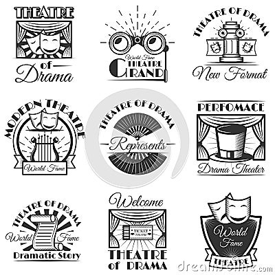 Vector set of classic theater isolated labels, logo and emblems. Black and white theater symbols and design elements. Vector Illustration