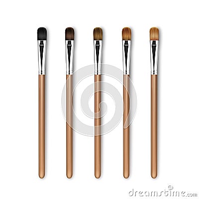 Vector Set of Clean Professional Makeup Concealer Eye Shadow Brushes with Different Black Brown Bristle and Handles Vector Illustration