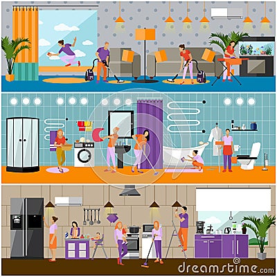 Vector set of cleaning service concept banners. Apartment interior. Housekeeping company team at work. Vector Illustration