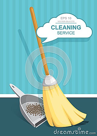 Vector Set of cleaning service elements. Cleaner. Cleaning supplies. Housework tools, House cleaning. Garbage, dustpan and brush Vector Illustration