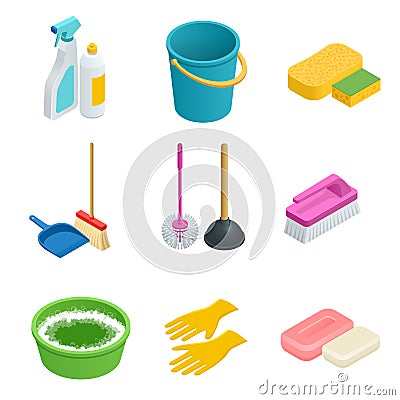 Vector set of cleaning tools. Home clean, sponge, broom, bucket, mop, cleaning brush. Graphic concept for web sites, web Vector Illustration