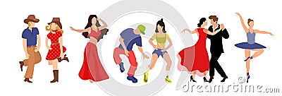 Vector set of clip-art professional dance couple dancing tango, country, hip hop, belly dance, ballet. Illustration of a flat Vector Illustration
