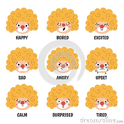 Vector set with clown faces showing feelings and emotions. Circus artists avatars clipart. Amusement heads icons. Cute funny Vector Illustration