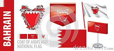 Vector set of the coat of arms and national flag of Bahrain Vector Illustration