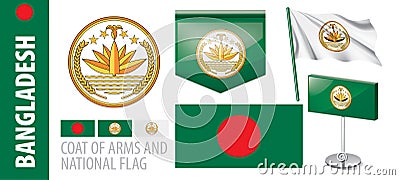 Vector set of the coat of arms and national flag of Bangladesh Vector Illustration