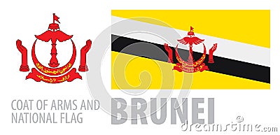 Vector set of the coat of arms and national flag of Brunei Vector Illustration