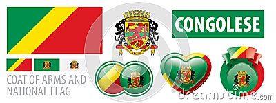 Vector set of the coat of arms and national flag of Congo Vector Illustration