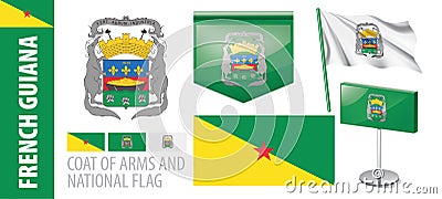 Vector set of the coat of arms and national flag of French Guiana Vector Illustration