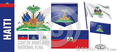 Vector set of the coat of arms and national flag of Haiti Vector Illustration