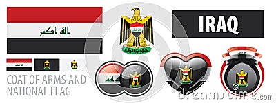 Vector set of the coat of arms and national flag of Iraq Vector Illustration